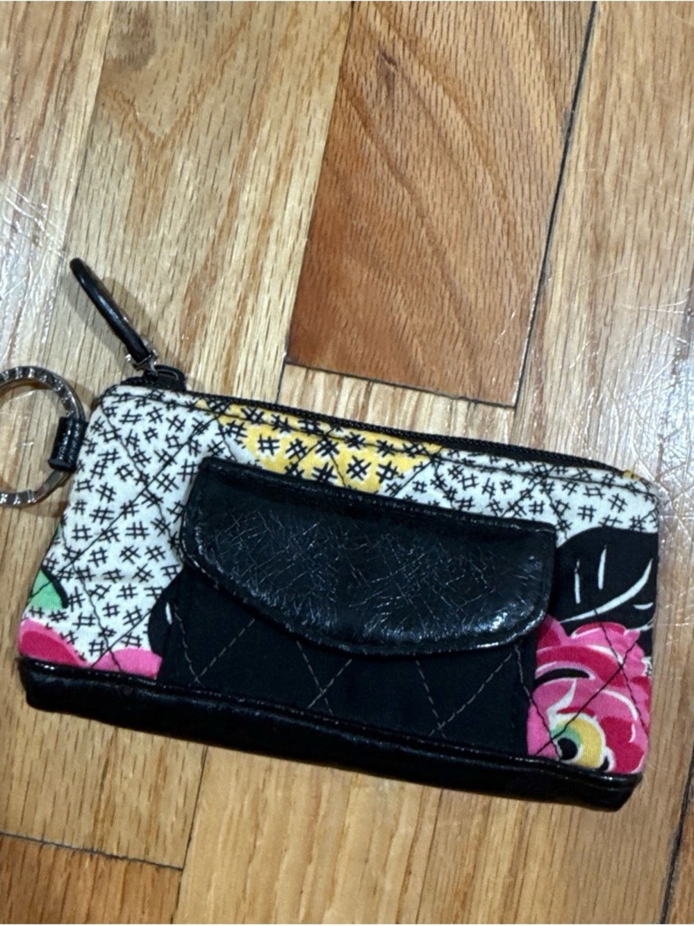 Black Floral Quilted Wristlet Keychain Wallet